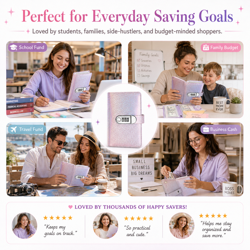 ✨💰 Lockable Glitter Budget Binder – 50 Cash Envelopes with Combination Lock