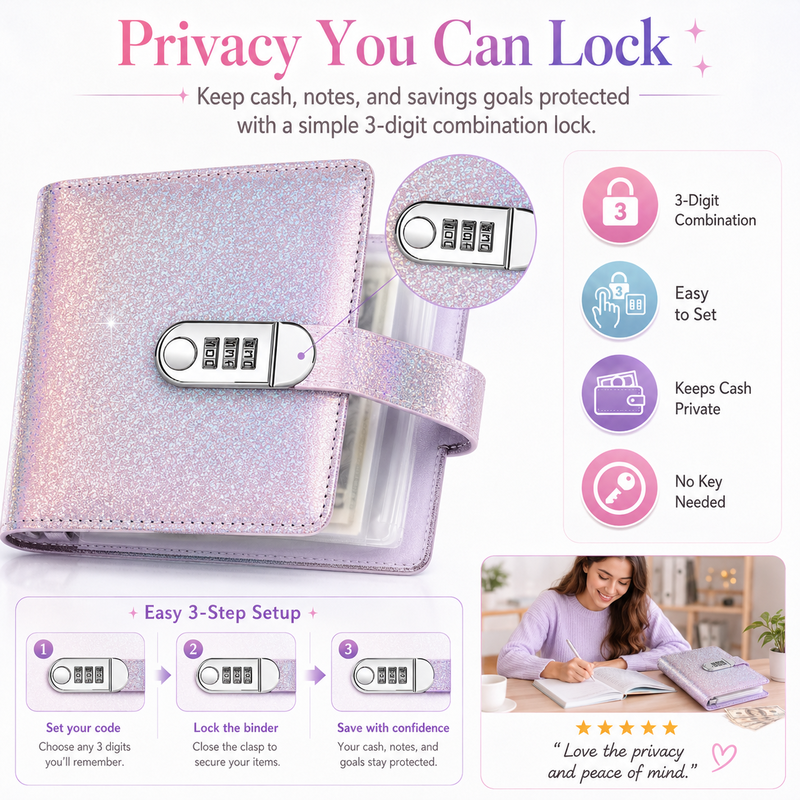 ✨💰 Lockable Glitter Budget Binder – 50 Cash Envelopes with Combination Lock