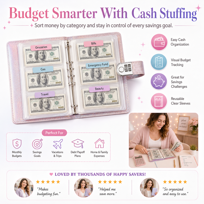 ✨💰 Lockable Glitter Budget Binder – 50 Cash Envelopes with Combination Lock