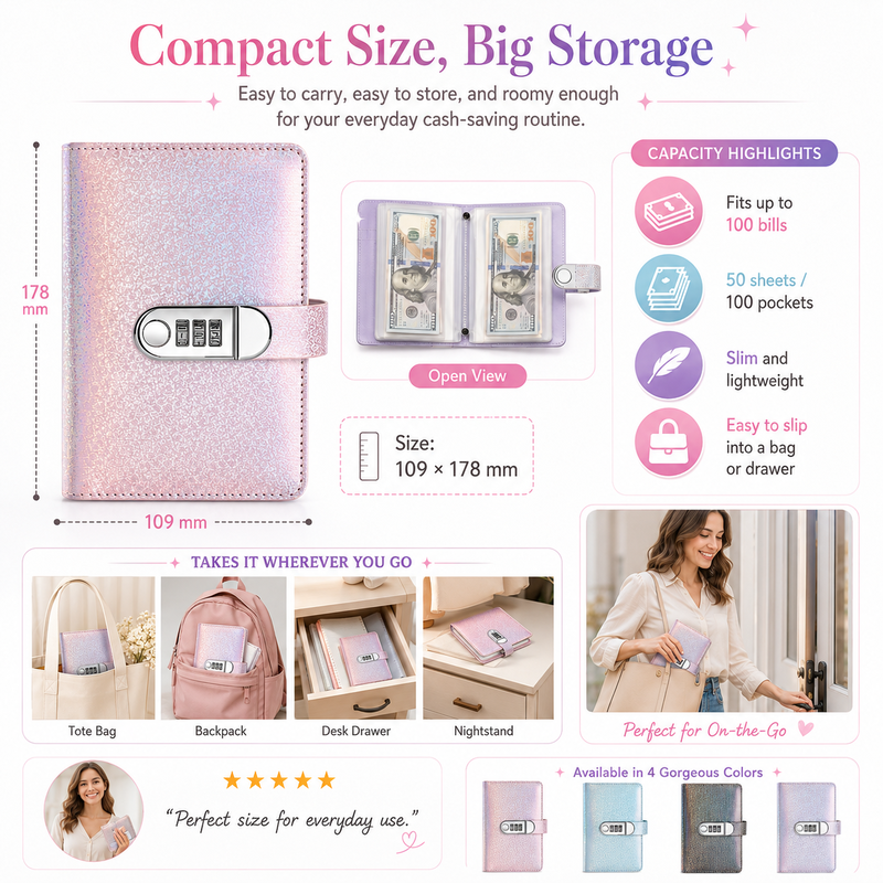 ✨💰 Lockable Glitter Budget Binder – 50 Cash Envelopes with Combination Lock